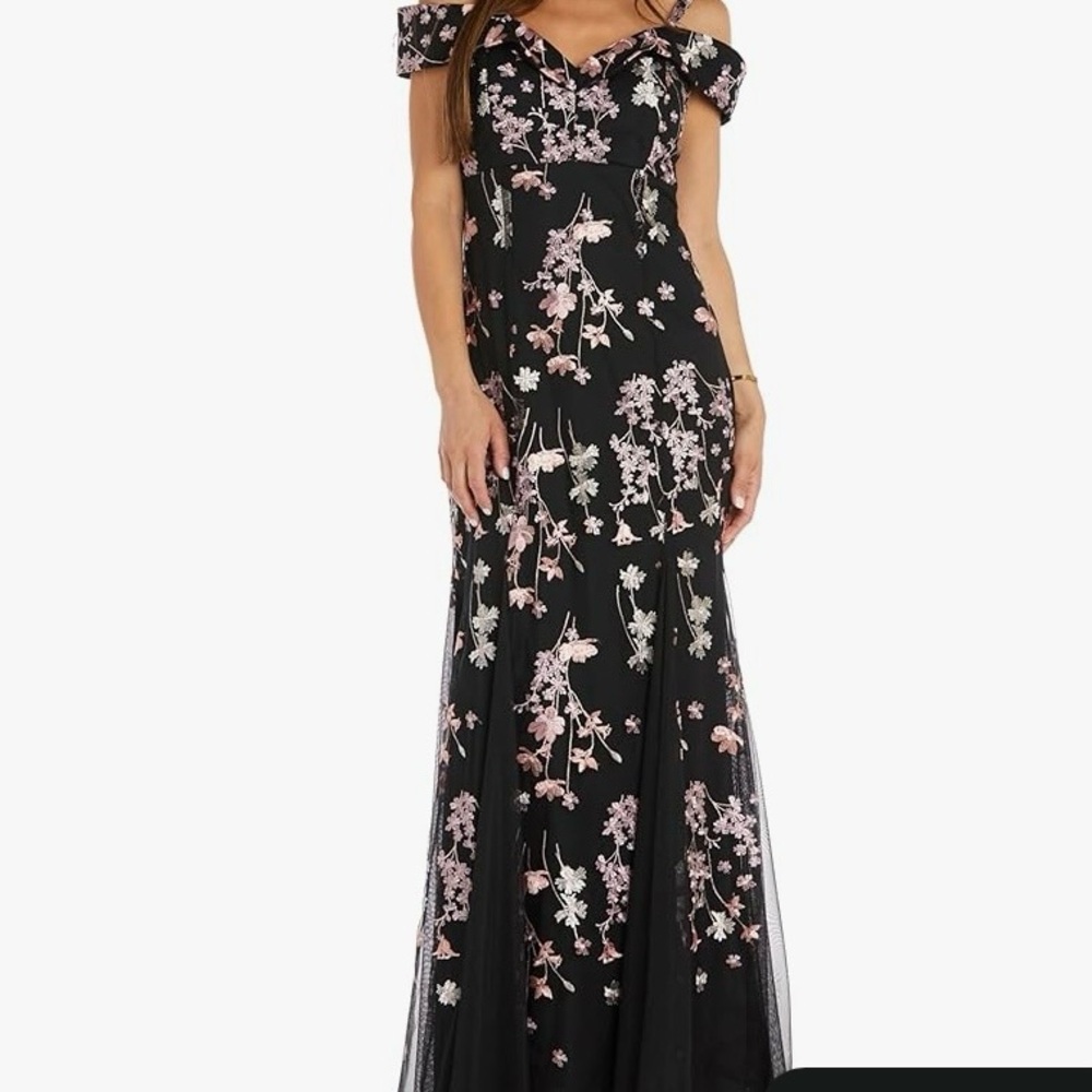 NWT Gown by R& M Richards black and pink floral embroidered botanical theme